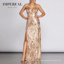 V Neckline Adjustable Spaghetti Straps Formal Sequin Sexy Gold Long Evening Dress